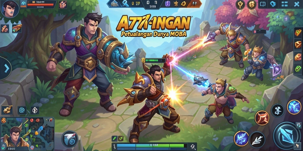 Screenshot A7777 menampilkan pertempuran sengit dalam game MOBA.