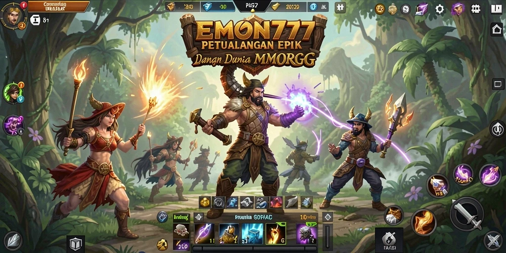 Screenshot utama EMON777 menampilkan gameplay MMORPG yang mendebarkan.