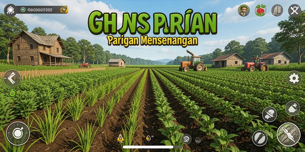 Tampilan gameplay GOGO77 dengan ladang yang subur dan hewan ternak.