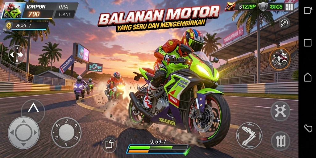 Gameplay seru dalam IDRRP dengan motor balapan yang menantang.