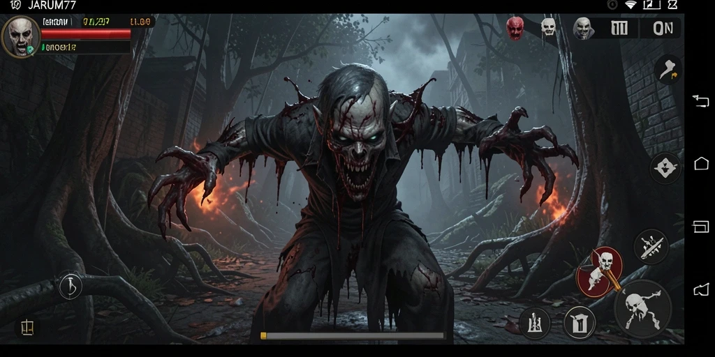 Screenshot gameplay <strong>JARUM77</strong> yang menampilkan suasana Horror yang mencekam.