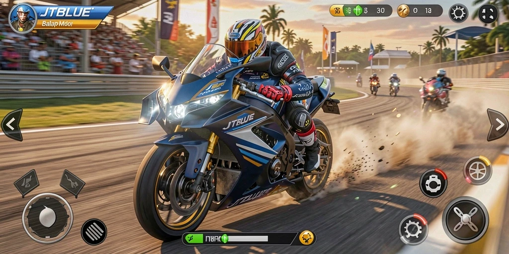 Gameplay seru JTBLUE dengan balapan motor yang mendebarkan.