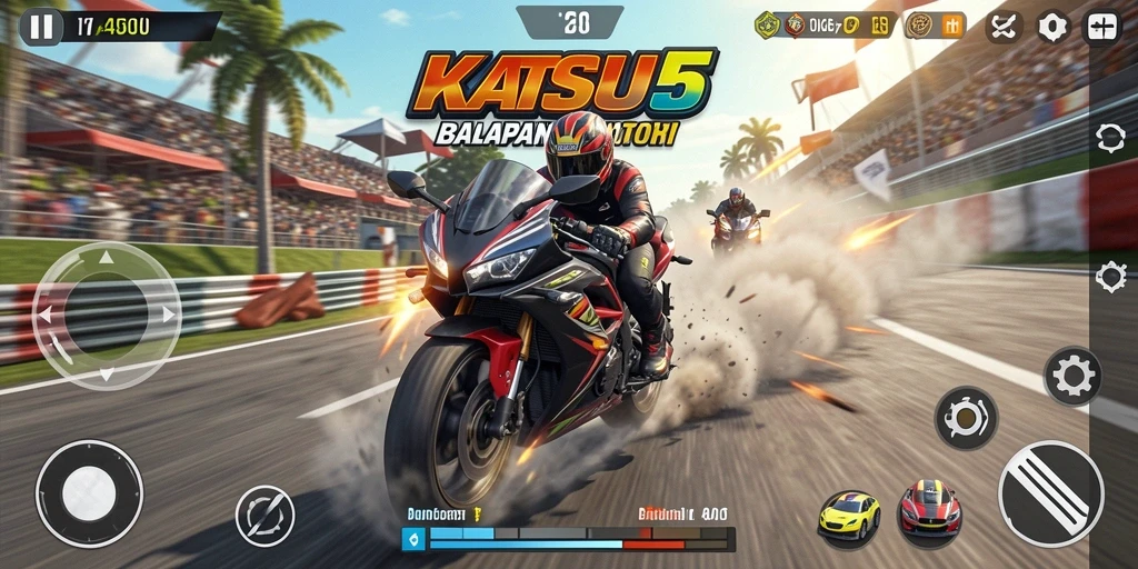 Gameplay KATSU5 yang mendebarkan di lintasan balapan.