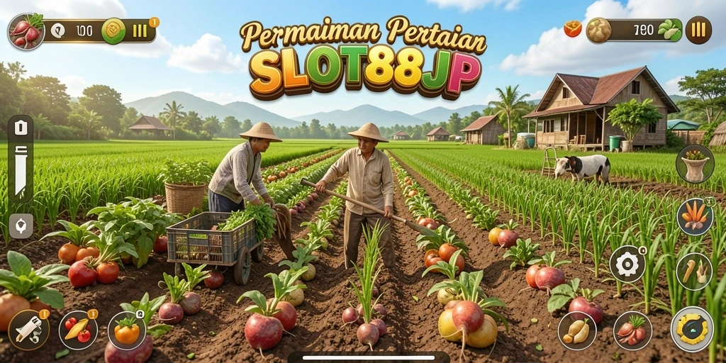 Tampilan menarik dari gameplay <strong>SLOT88JP</strong> yang menggambarkan aktivitas berkebun.