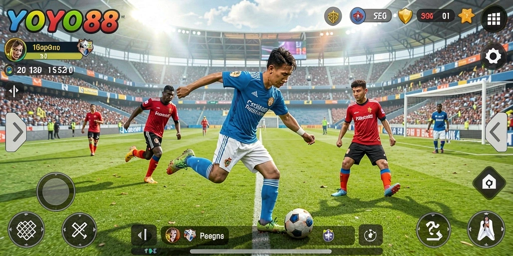 Screenshot gameplay YOYO88 menampilkan aksi sepak bola yang mendebarkan.
